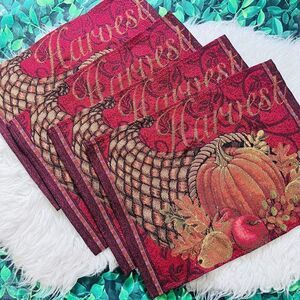Set of 4 Autumn Harvest Cornucopia Pumkin Woven Cloth Placemats Thanksgiving